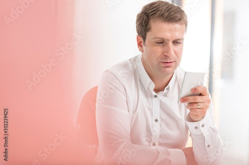 Entrepreneur sitting while using smartphone in office