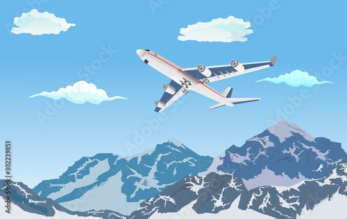 Flying airplane in the sky delivery concept. Vector Illustration 