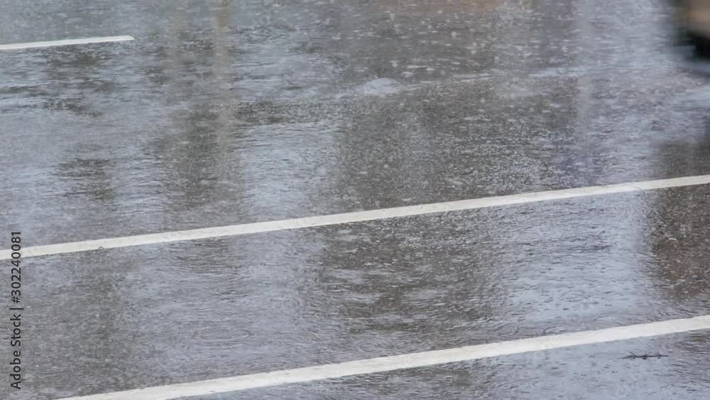 Heavy rain drops falling on city street during downpour.Rainy weather Heavy rain drops falling on city street during downpour.Rainy weather