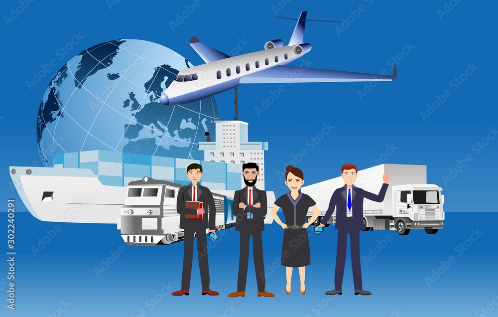 Fotografie Business team, logistics concept, 3d vector trucks, ship, train, vector illustra