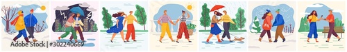 Man and woman walking in rain vector. Couples strolling in summer and winter. People wearing warm clothes in winter, person walking dog. Thunderstorm and rainfall outdoors, characters. Various weather