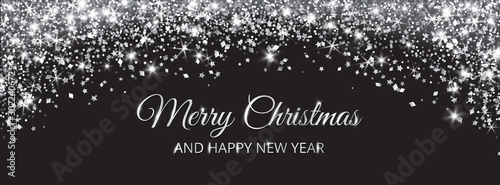 Merry Christmas and New Year banner. Silver glitter decoration