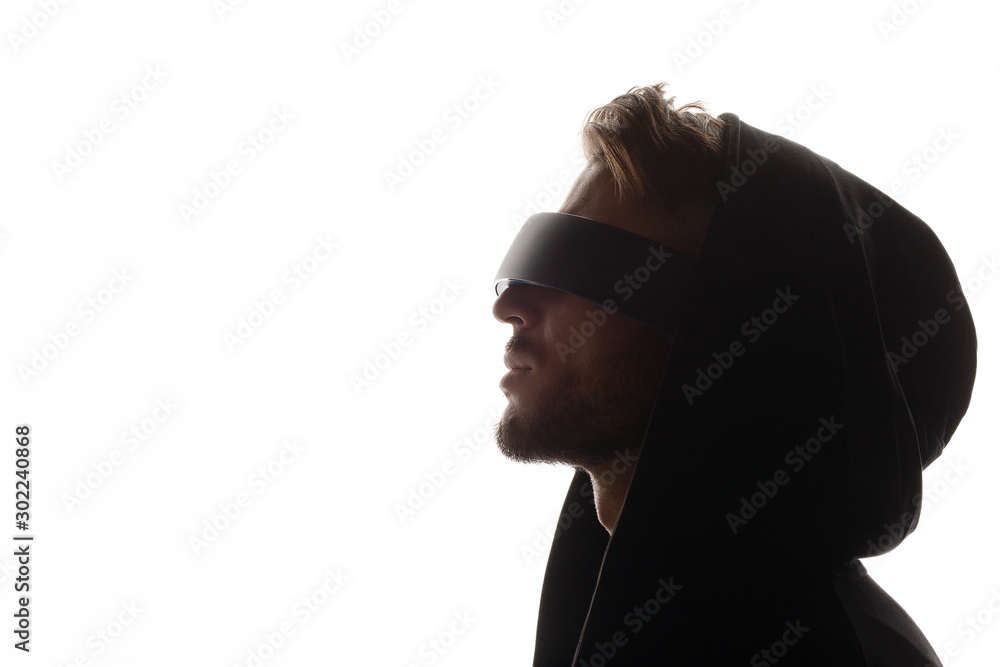 Abstract man portrait in VR helmet. Digital art. Male in glasses of virtual reality. Augmented reality, dream, future technology, game concept. White background. Abstract man portrait in VR helmet. Digital art. Male in glasses of virtual reality. Augmented reality, dream, future technology, game concept. White background.