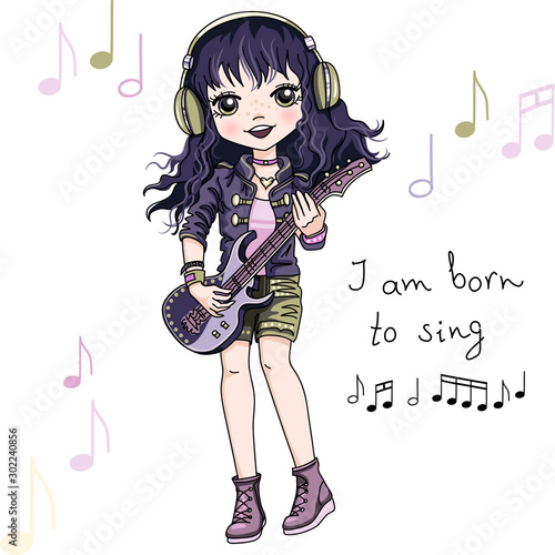 Vector cool rock star brunette baby girl musician in headphones playing guitar. I am born to sing slogan