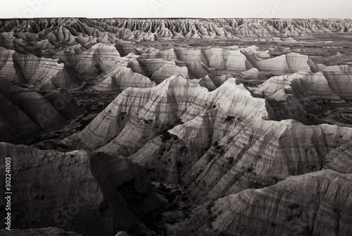 Toned Black and White Photograph of the landscape of the Badlands in South Dakota