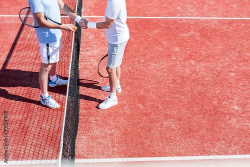 Low section of men shaking hands while standing by tennis net on red court during match © moodboard