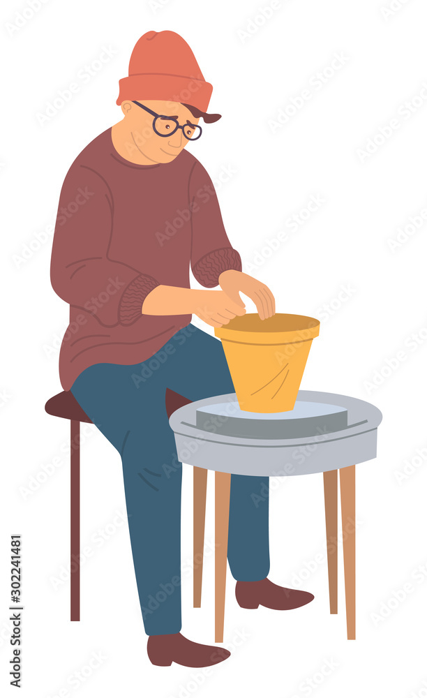 Pottery making clay kitchenware hobby, isolated cartoon style person sitting at spinning table and producing handmade vase. Vector, creating of containers and jars Pottery making clay kitchenware hobby, isolated cartoon style person sitting at spinning table and producing handmade vase. Vector, creating of containers and jars
