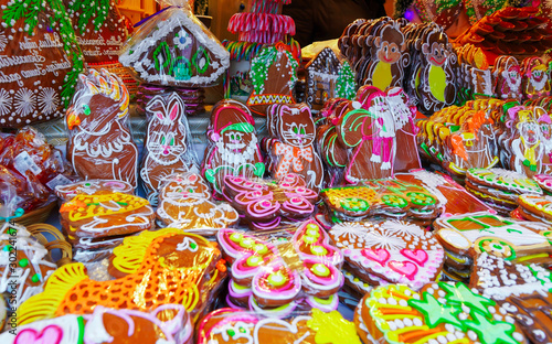 One of the most traditional sweet treats which are gingerbreads pictured at Christmas Market in Riga in Latvia. They can be found in different sizes and icing.
