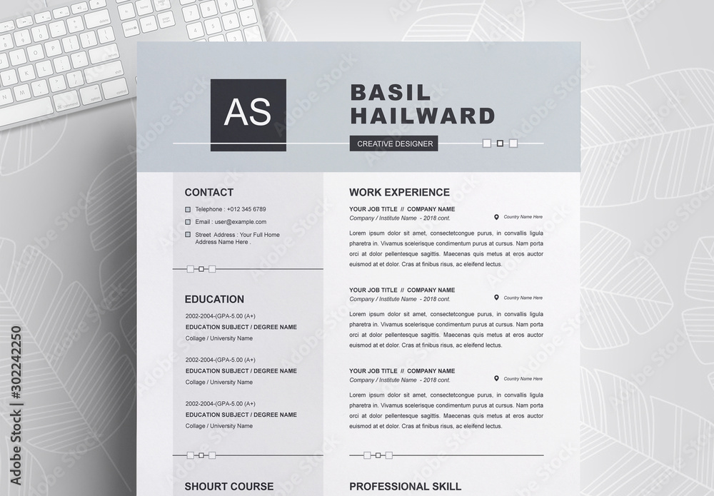 Professional Resume Layout with Gray Header Stock Template | Adobe Stock