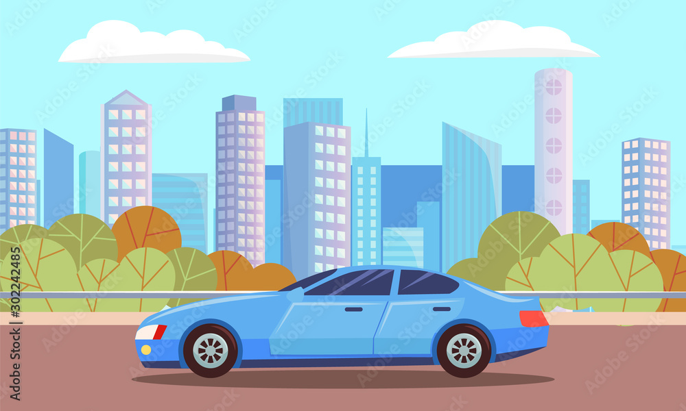 Blue car sedan, vehicle stand on road on city background. Auto to drive and get your destination quickly. Urban city means of transport, landscape of town with skyscrapers. Vector cartoon flat style
