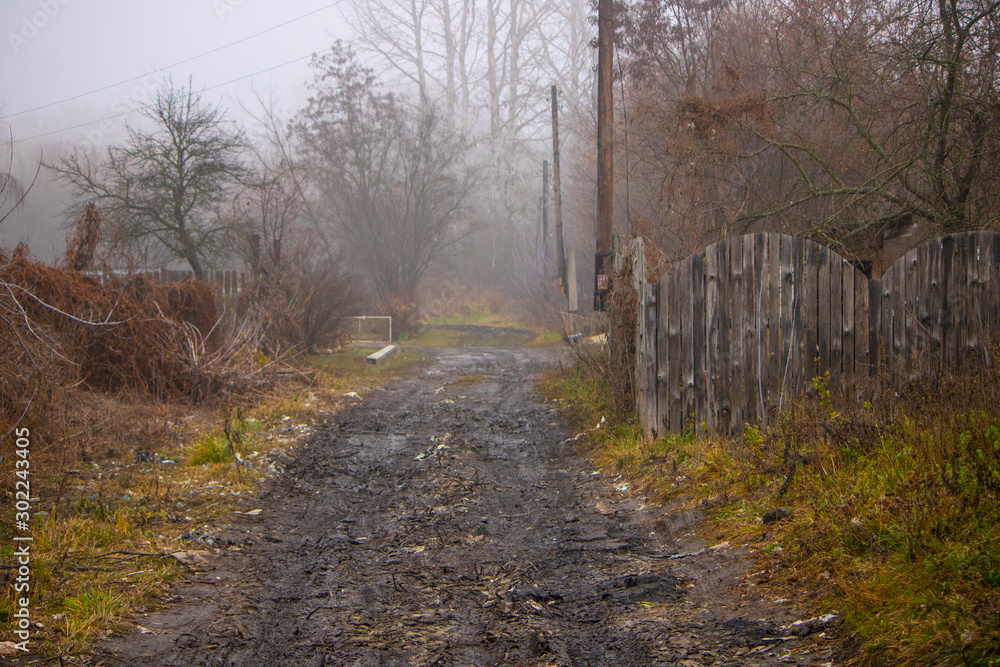 Fototapeta premium Грязная размытая сельская дорога в русской деревне