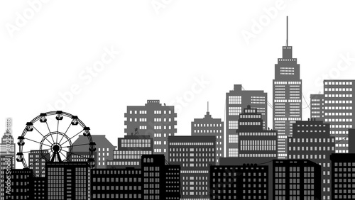 Black and white cityscape street panorama layers whith ferris wheel and skyscraper
