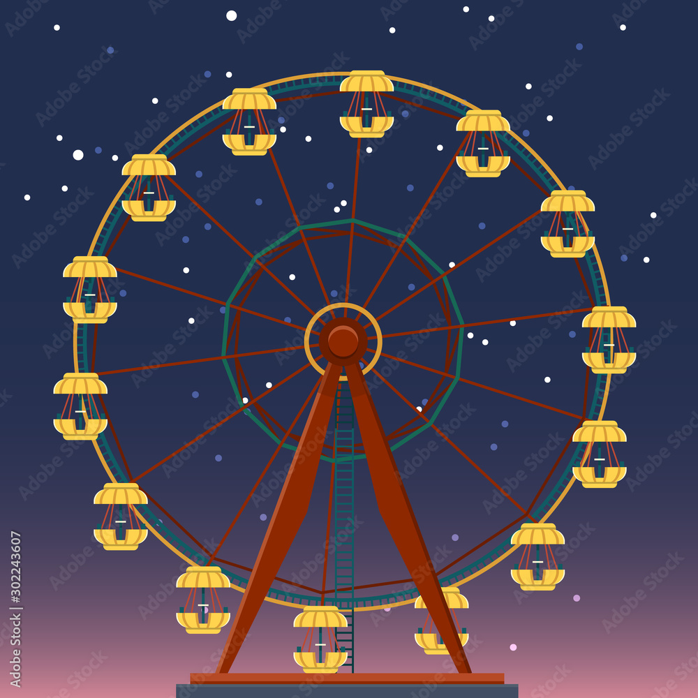 Big Ferris wheel at night amusement park, cartoon flat style, vector clip art illustration Big Ferris wheel at night amusement park, cartoon flat style, vector clip art illustration