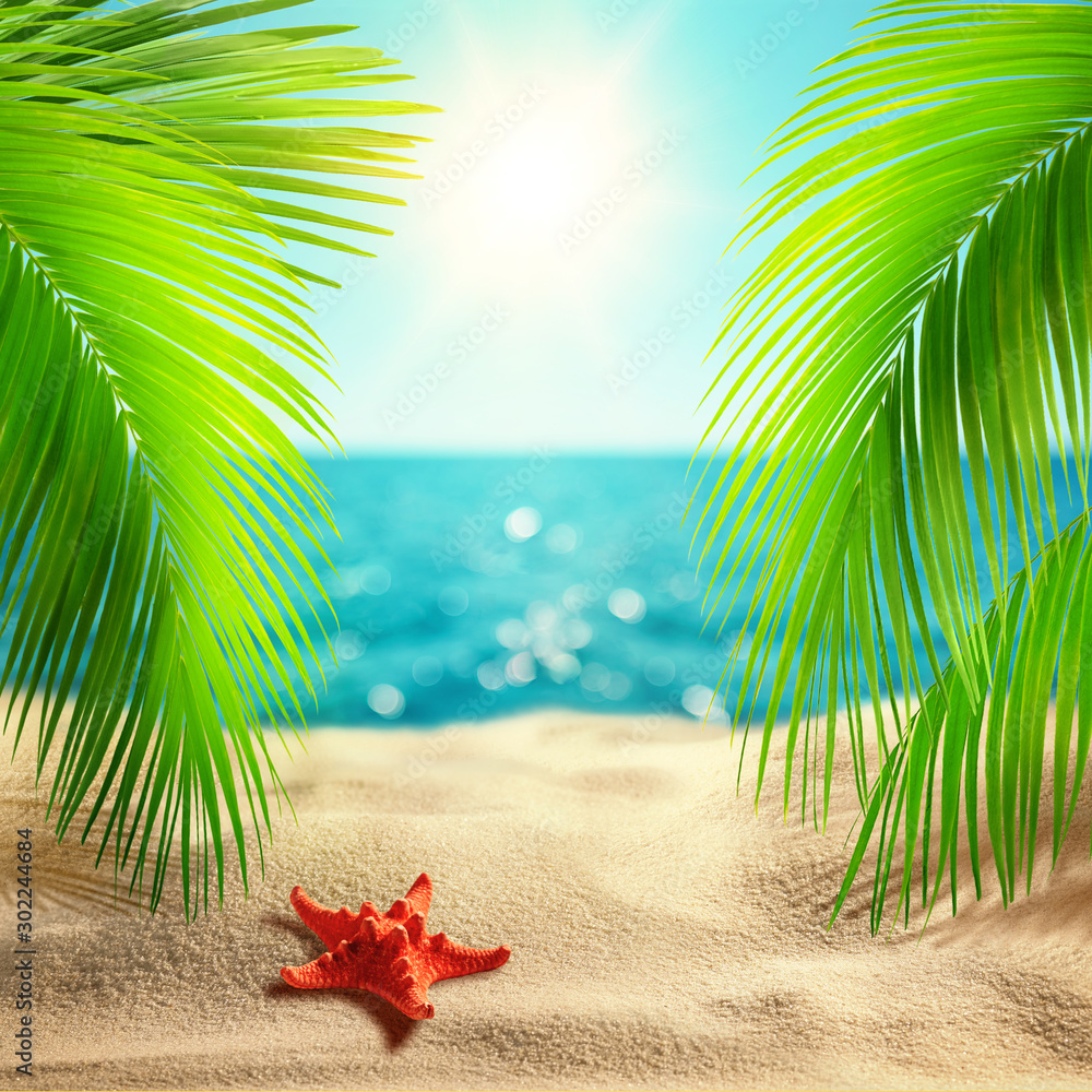 Beautiful tropical beach background. Summer landscape with coco palms on blur defocused blue sea or ocean background. Summer vacation concept