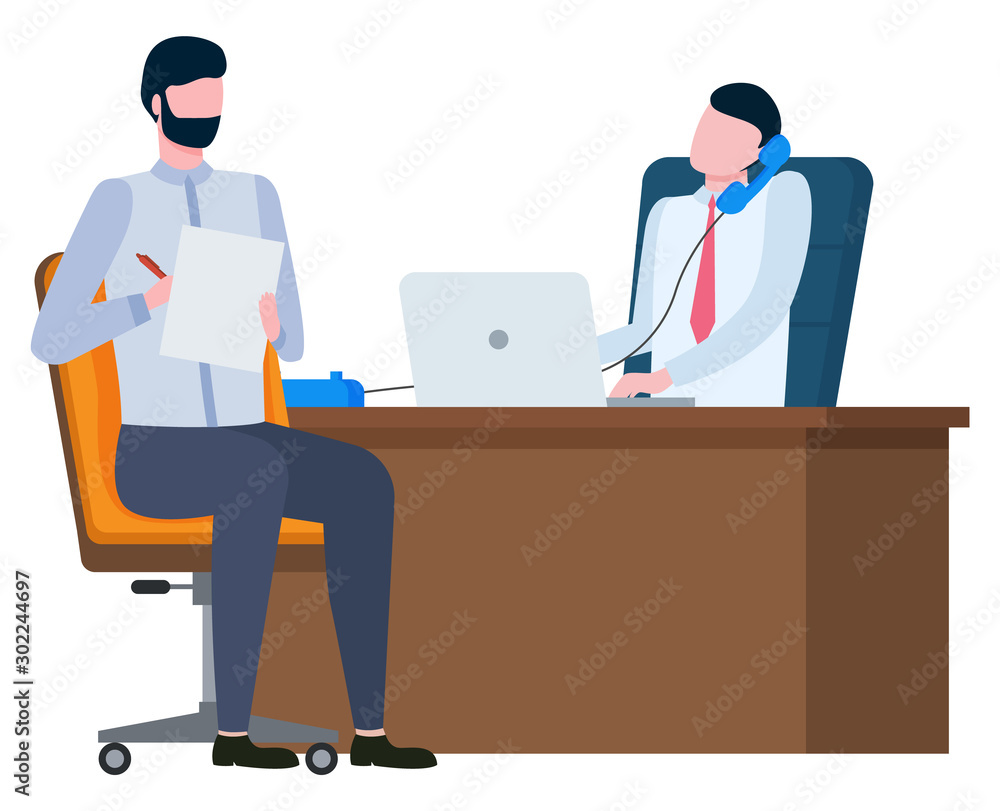 Men colleagues teamwork, worker calling and using laptop, male writing. Broker collaboration, portrait view of employees on workplace, marketing vector