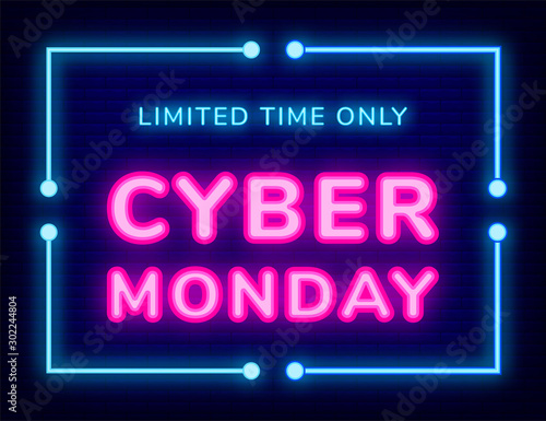 Poster with laser symbol of limited time only cyber Monday. Board decorated by business promotion of sale. Internet technology for shopping, advertising link for store with neon objects on dark vector