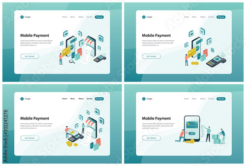 set of web landing page banner design for mobile payment and online shopping concept