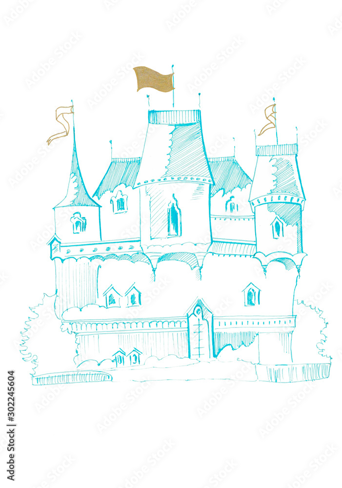 Handdrawn illustration of blue fairytale castle with three towers and flags. Ca be used on T-shirts, greeting cards, books illustrations, phone cases, posters.