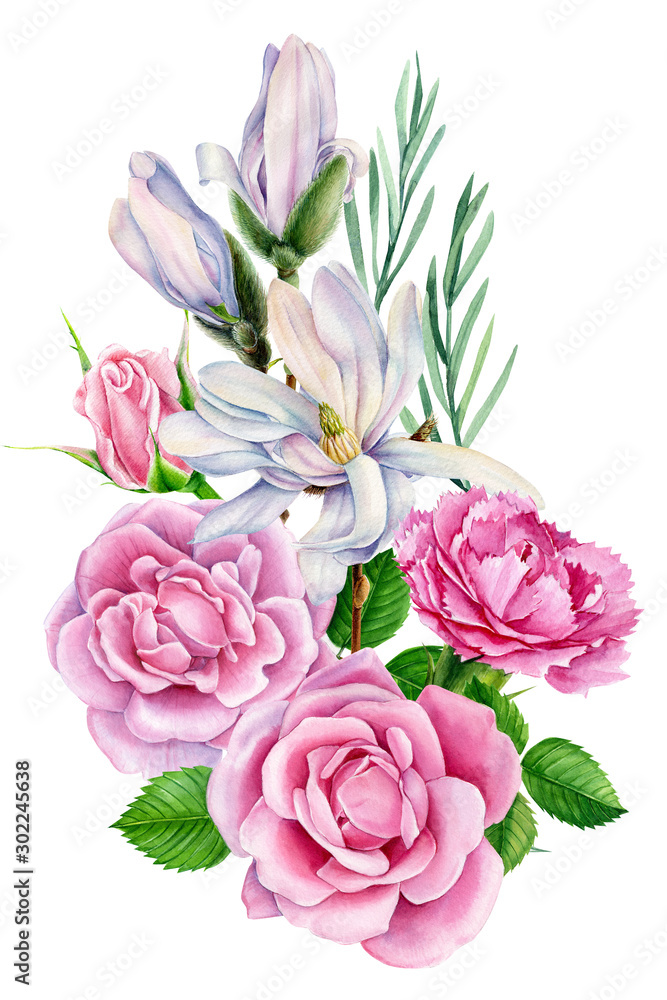 bouquet of flowers, magnolia, and pink rose with green leaf, beautiful flower on a white background, watercolor illustration, botanical painting bouquet of flowers, magnolia, and pink rose with green leaf, beautiful flower on a white background, watercolor illustration, botanical painting