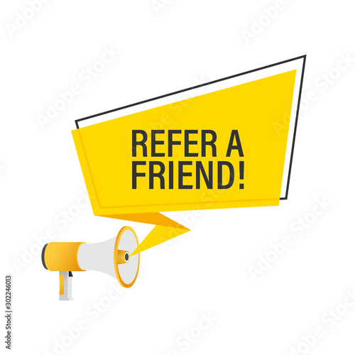 Hand holding megaphone, refer a friend. Vector stock illustration.