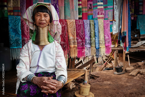 Картината върху платно Chiang Rai Province, Thailand, Karen Long Neck Woman in Hill Tribe Village Near
