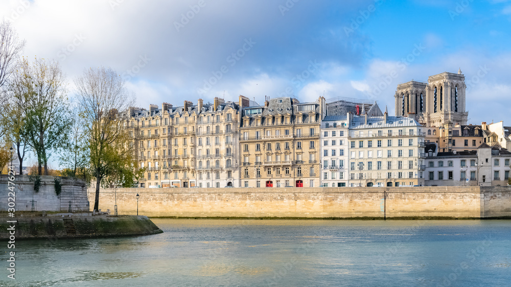 Paris, view of the Seine and the ile de la Cité, beautiful houses on the Quai aux Fleurs, and Notre-Dame cathedral in background