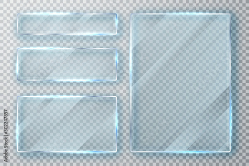 Glass plates set. Glass banners on transparent background. Flat glass. Vector illustration