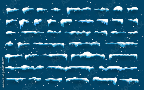 Snow caps, snowballs and snowdrifts set. Snow cap vector collection. Winter decoration element. Snowy elements on winter background. Cartoon template. Illustration