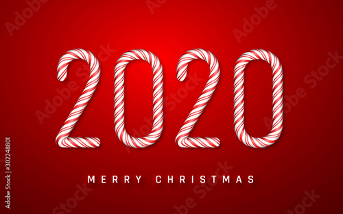 Christmas or New Year greeting card. Candy cane number 2020 on red background. Vector illustration © Oleh