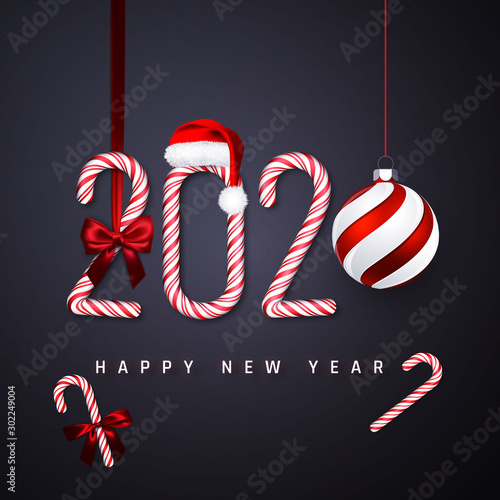 Happy New Year greeting card. Candy cane number 2020 with santa hat, bow with ribbon and xmas ball on dark background. Holiday Background. Vector illustration