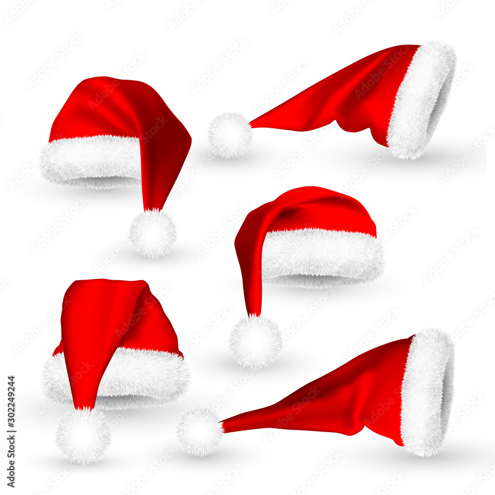 Realistic Red Santa Claus hat isolated on white background. Gradient mesh Santa Claus cap with fur. Vector illustration Realistic Red Santa Claus hat isolated on white background. Gradient mesh Santa Claus cap with fur. Vector illustration