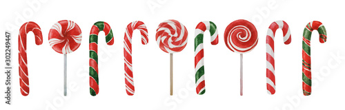 Christmas candy canes and lollipops collection isolated on white, watercolor illustration for winter holidays design