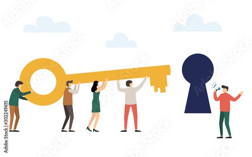 People holding big key together and trying to open keyhole.