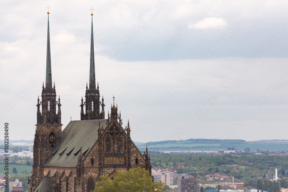 The Cathedral of Brno. View from the hill to the city center. City panorama.