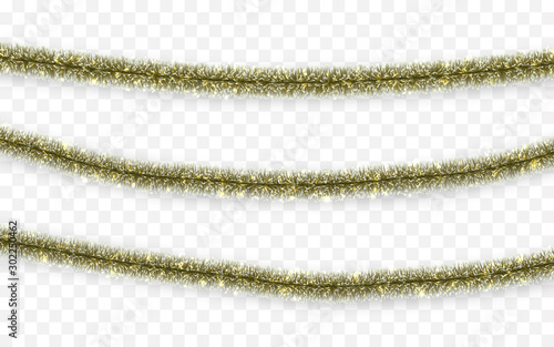 Christmas or New Year traditional decorations. Hanging glitter Xmas tinsel garland. Decor element. Vector illustration