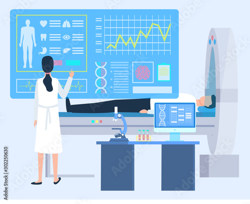 Patient lying in cardiogram, health diagnosis, board report of disease. MRI and woman doctor or nurse, microscope and computer on desktop, lab vector, computer tomografy CT, magnetic resonance imaging