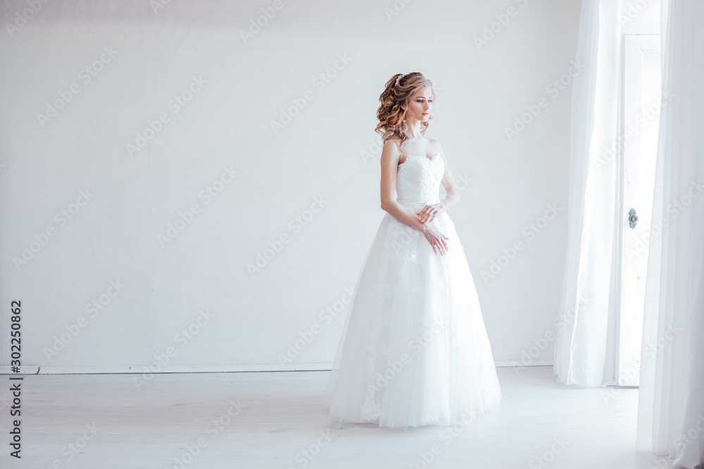Portrait of bride wedding dress Crown curls hairstyle Portrait of bride wedding dress Crown curls hairstyle