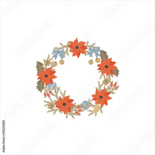 Christmas wreath with poinsetia. Vector illustration can use for the design of brochures, banners, flyers, card.
