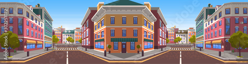 City street realistic 3d style vector. Road with zebra crossing for pedestrians. Buildings made of brick or stone and estates for citizens. Architecture of modern town with apartments infrastructure