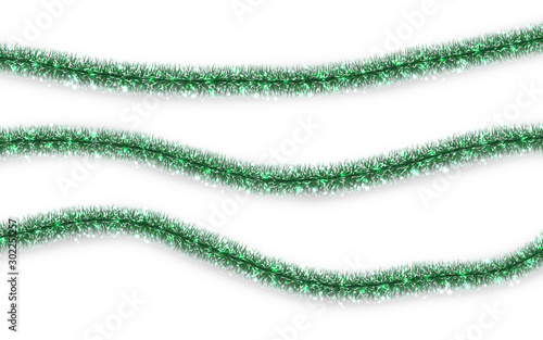 Christmas or New Year traditional decorations. Hanging glitter Xmas tinsel garland. Decor element. Vector illustration
