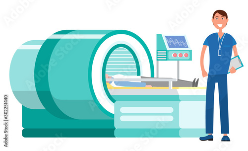 Doctor novice on practice in hospital vector, mri magnetic resonance imaging machine. Isolated doc assistant with patients, equipment for diagnostics