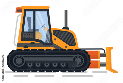 Machinery for construction and working process vector, isolated excavator with empty cabin. Bulldozer used in building, automotive mechanism flat style