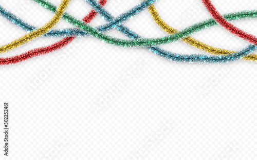 Christmas or New Year traditional decorations. Hanging glitter Xmas tinsel garland. Decor element. Vector illustration
