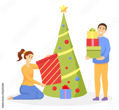 Christmas celebration vector, isolated people with presents by pine tree. Happy characters with gifts unpacking boxes on New Year eve. Man and woman by spruce decorated with baubles and star on top