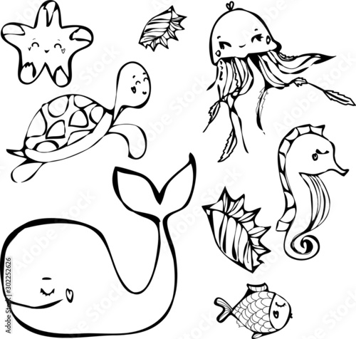 Hand drawn set illustration ,sea dwellers animals, jellyfish, whale, seahorse, turtle ,fish, doodle style