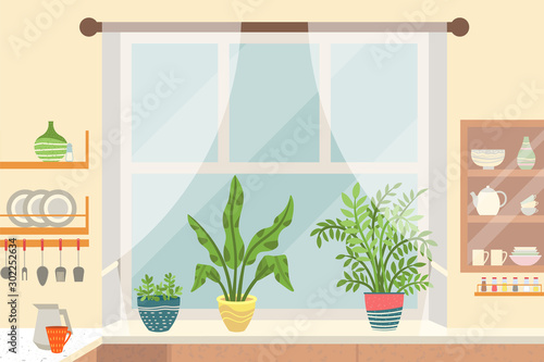 Cosy kitchen interior. Windowsill with plants in colorful flower pots. Cupboard with dishes and cutlery, wooden shelf. Sweet home concept vector illustration