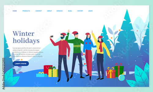Winter holidays of people vector. Landscape forest with pine trees and foliage  snowy hills. Friends taking selfie with presents. Man and woman celebrating new year and christmas. Website or webpage