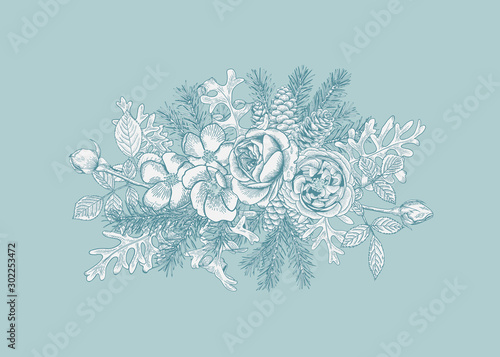 Christmas Bouquet. Vector botanical illustration.  Oval blue and white composition.