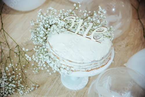 Festive background decoration for birthday with cake, white gypsophila flowers and white balloons in studio, girl Birthday .Cake Smash first year concept. photo