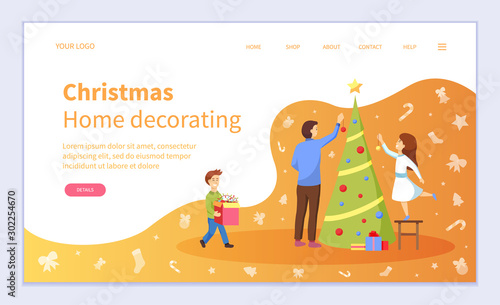 Man and woman decorating Christmas tree with garland and balls at home. Family Xmas preparation with toys, traditional symbol of winter holiday. Webpage or landing page template flat style vector